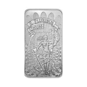 A silver ingot or decorative item displaying an embossed allegorical figure of Lady Liberty, complete with shield and flag, and the motto "E PLURIBUS UNUM" on an arched banner above her against a textured background.