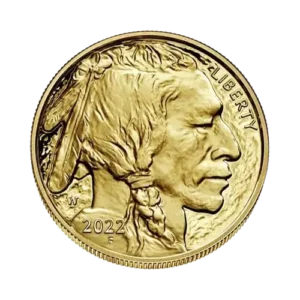 Gold coin with a profile of a Native American figure, embossed with "LIBERTY" and the year "2022" on the right, with a "W" mint mark and a "F" on the lower left.