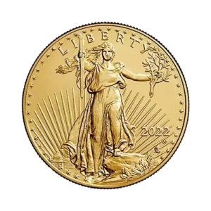 An ornate gold coin featuring Lady Liberty striding forward with a raised torch and olive branch, the year 2022, and "LIBERTY" inscribed at the top.