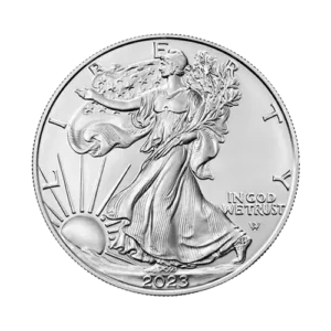 2023 silver coin featuring a striding Lady Liberty with a branch and shield, and the inscriptions "LIBERTY" and "IN GOD WE TRUST."