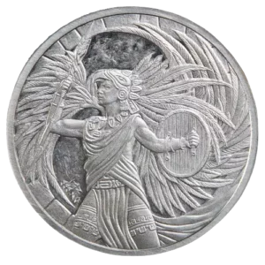 A silver coin featuring a high-relief design of a classical female figure holding an olive branch and shield, surrounded by an intricate pattern of feathers.