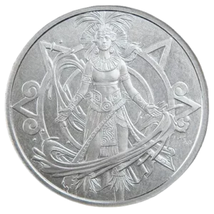 A silver coin featuring a detailed embossment of a female figure with a feathered headdress and traditional attire, holding a bow, surrounded by ornate geometric border designs.