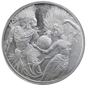 A detailed relief on a silver coin depicting two stylized figures, one warrior-like with a sun helmet interacting with a gentler figure holding a globe, against a plain background.