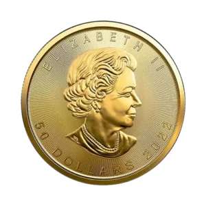 Gold coin embossed with the profile of a woman facing right, inscribed with "ELIZABETH II" at the top, and "50 DOLLARS 2022" at the bottom.