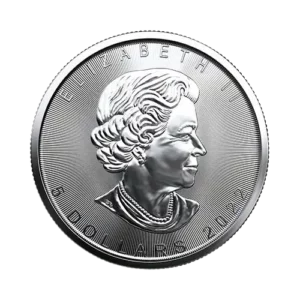 A silver coin with an embossed portrait of a woman facing right, inscribed with "ELIZABETH II" and "5 DOLLARS 1/10 OZ. .9999 FINE GOLD."