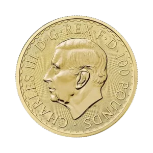 Gold coin with the profile of a man's head facing right, surrounded by raised text and decorative details.