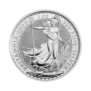 2023 Britannia one-ounce silver coin with the iconic figure of Britannia holding a trident and shield, and the inscriptions "BRITANNIA," "2023," "1 OZ 999 FINE SILVER".