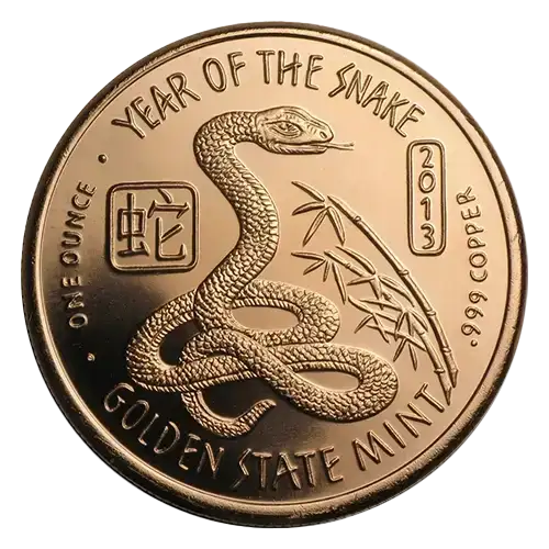Copper coin with a snake coiled around bamboo, inscribed with "Year of the Snake," "Golden State Mint," "One Ounce," "2013," and "999 Copper."