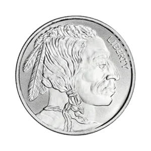 A silver coin embossed with a classical male profile featuring a feathered headdress, with the word "LIBERTY" inscribed above and a reeded edge detail.