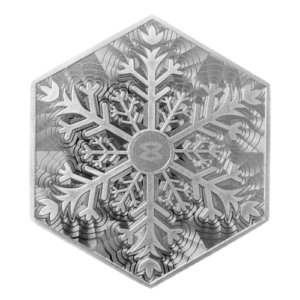 Hexagonal snowflake with intricate, symmetrical patterns.