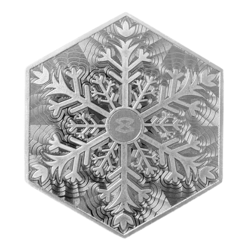 Hexagonal snowflake with intricate, symmetrical patterns.