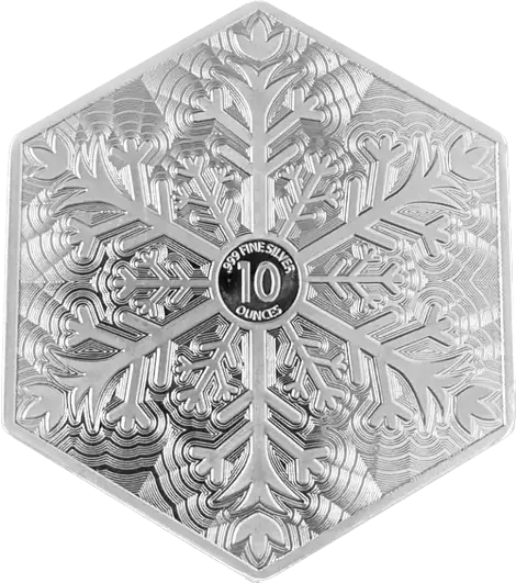 Hexagonal silver snowflake with intricate patterns and a central emblem reading ""10 FINE SILVER OUNCES."