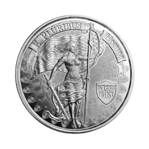 A monochrome image of a silver coin with the figure of Lady Liberty holding a torch and an olive branch, accompanied by the inscriptions "E PLURIBUS UNUM" and "IN GOD WE TRUST".