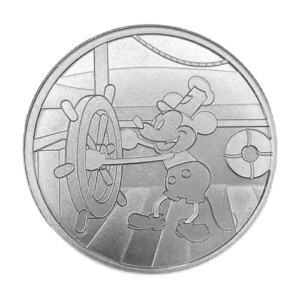 Silver coin with an embossed Mickey Mouse steering a ship's wheel on a textured background resembling a wooden deck.