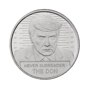 A commemorative coin with a raised portrait of a man, mugshot-like background with height markers, and the inscribed text "NEVER SURRENDER THE DON" on the lower edge.